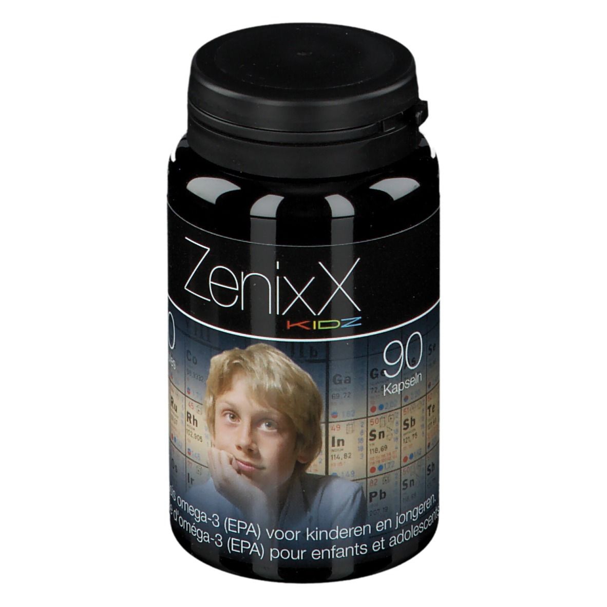 Flacon noir ZenixX Kidz. 90 capsules. Image d'un garçon. Oméga-3 pour enfants et adolescents.
