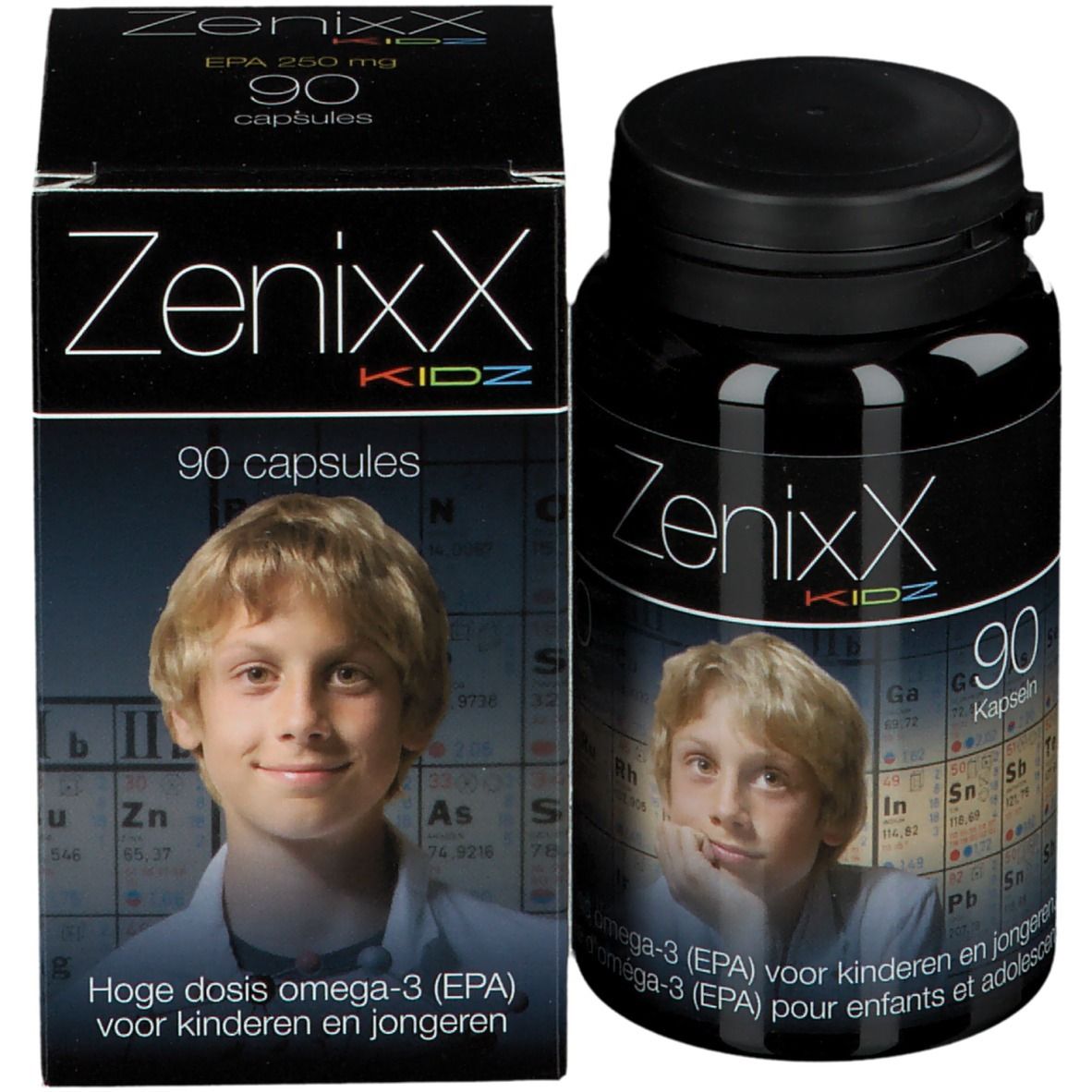 ZenixX Kidz, 90 capsules, avec flacon et boîte. Image d'un garçon. Oméga-3 pour enfants.