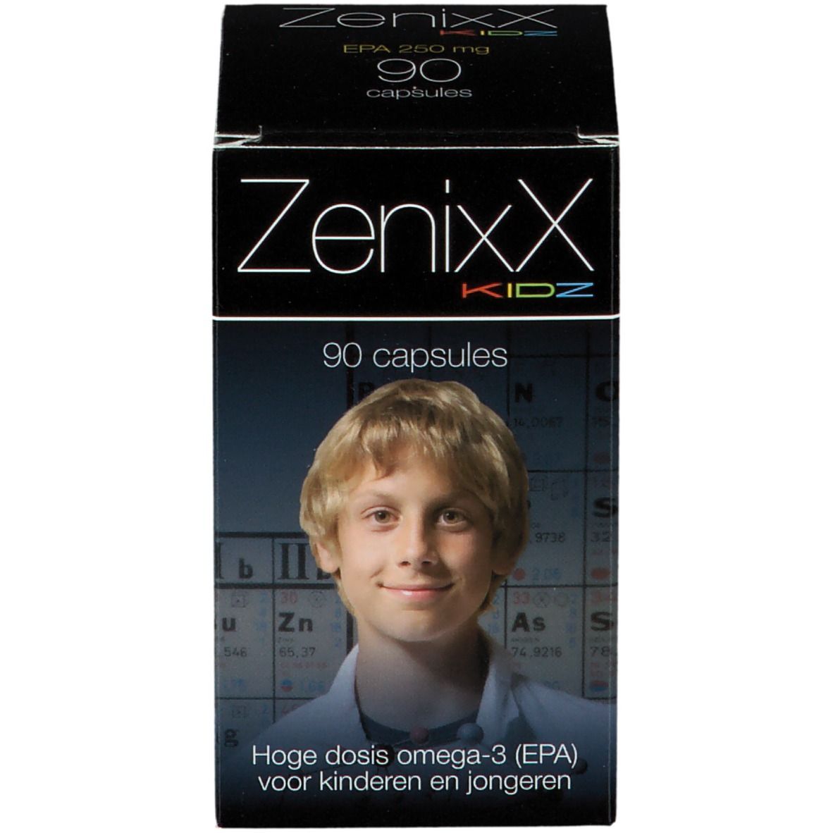 ZenixX Kidz, 90 capsules, boîte. Image d'un garçon. Oméga-3 pour enfants et adolescents.