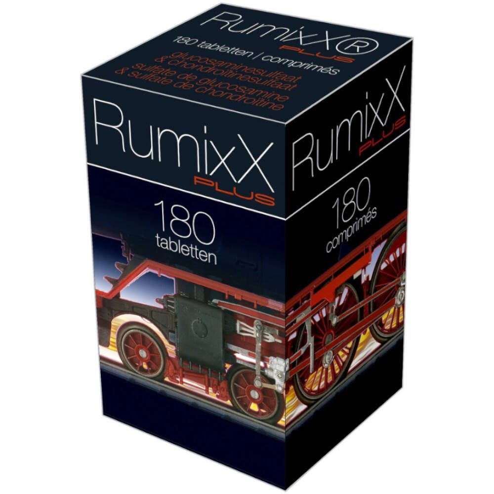 Boîte noire avec "RumixX Plus" et 180 comprimés. Illustration d'un train rouge. Texte en allemand et français.