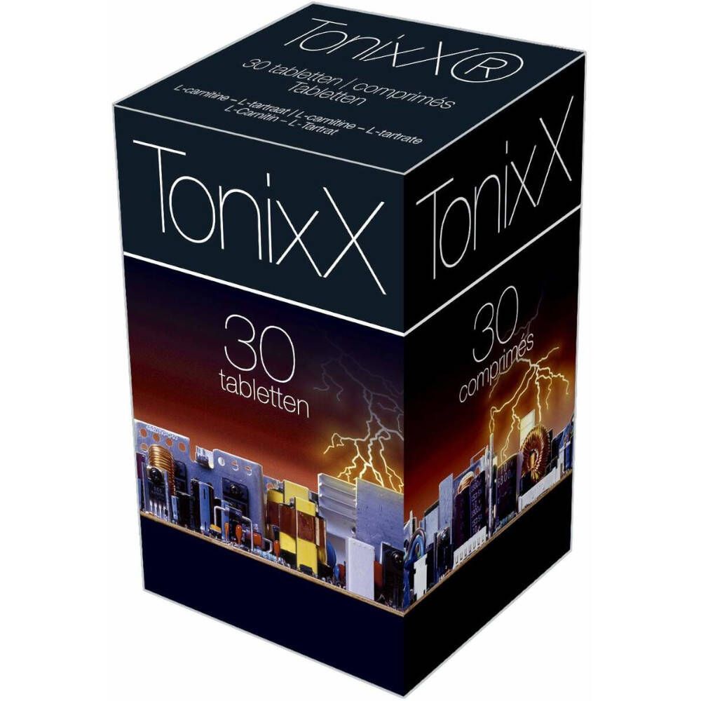 Zwarte doos met "TonixX" logo en "30 tabletten". Achtergrond: stadslandschap met bliksem.