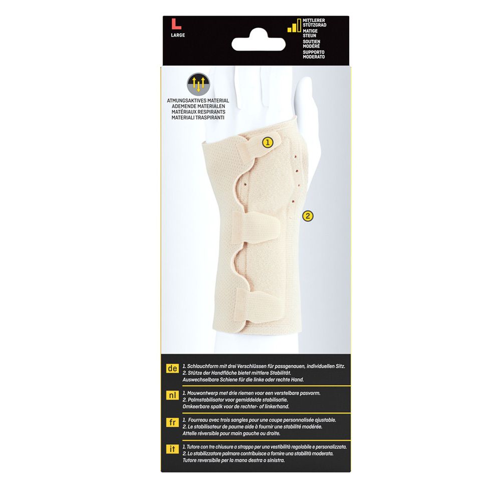 Dos de l'attelle de poignet 3M™ Futuro™. Attelle beige avec fermetures velcro et trous.