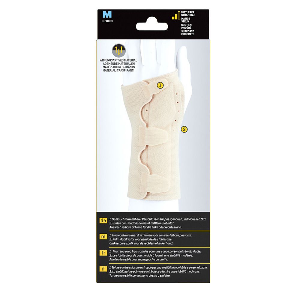 3M™ FUTURO™ omkeerbare polsspalk Medium. Achterkant. Beige polsspalk met details.