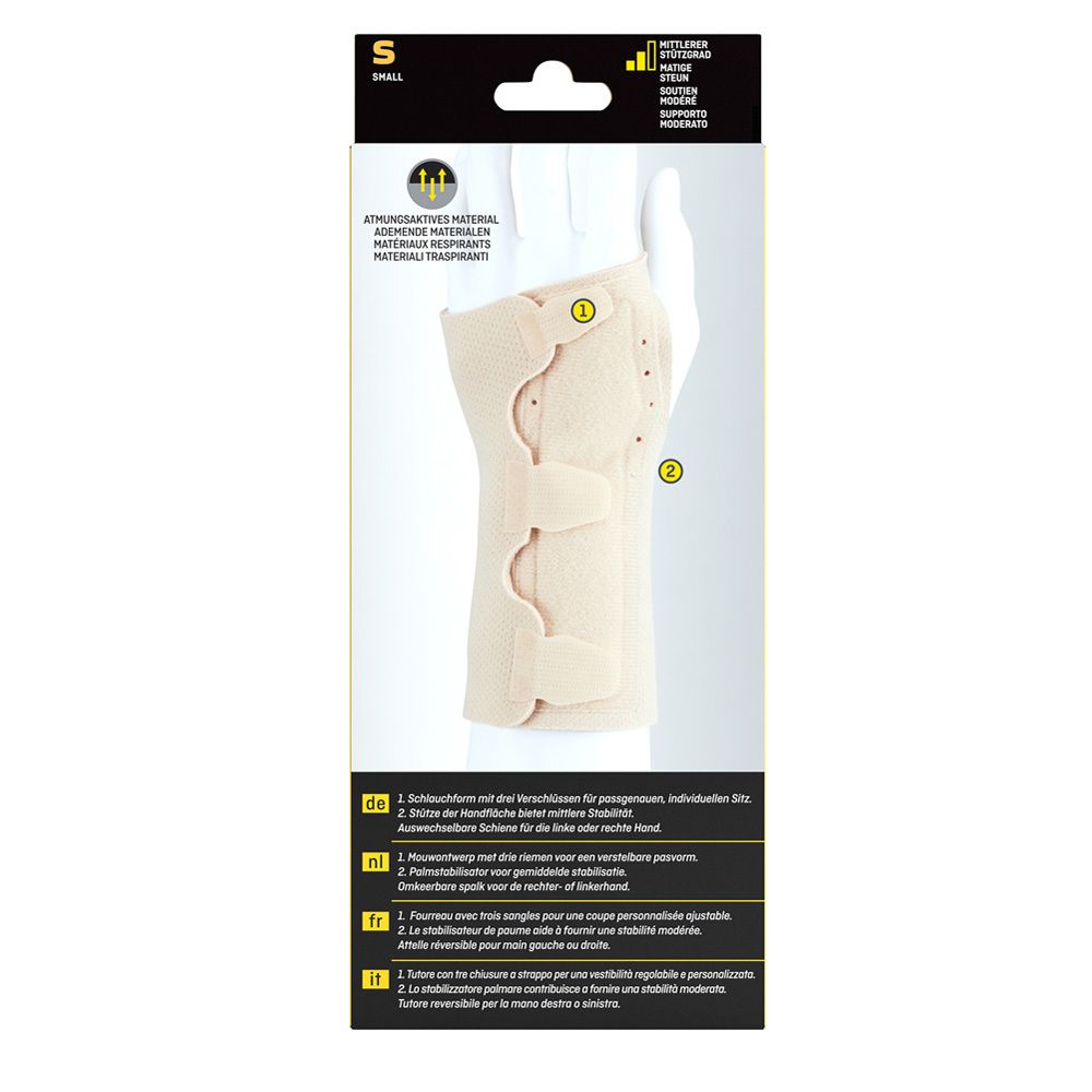 Achterkant verpakking 3M™ Futuro™ polsbrace. Beige brace, details, maatindicaties.