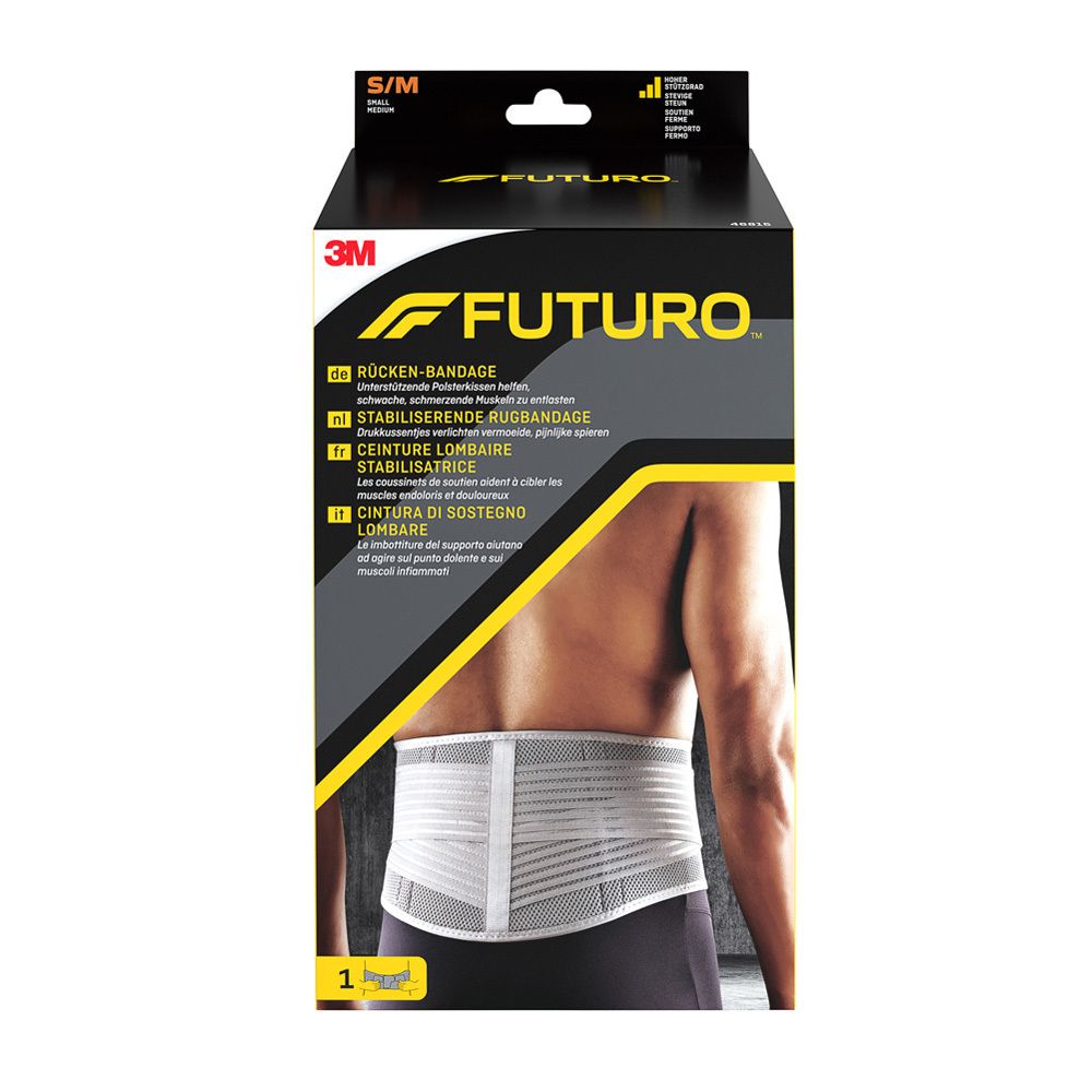 3M Futuro Rugbandage S/M. Zwarte verpakking met productafbeelding. Bandage op rug man.
