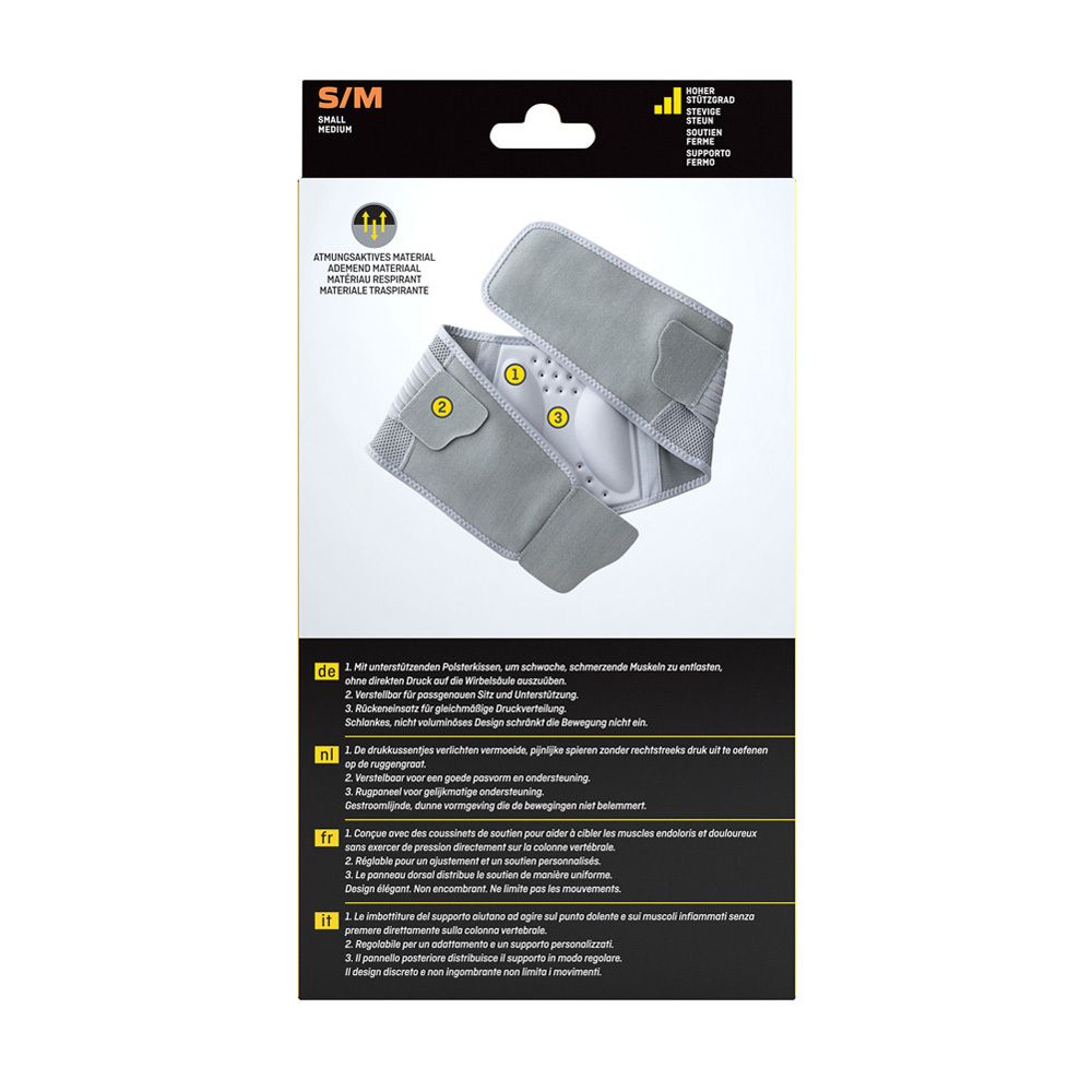 3M Futuro Rugbandage S/M. Verpakking met productafbeelding. Bandage op rug man.