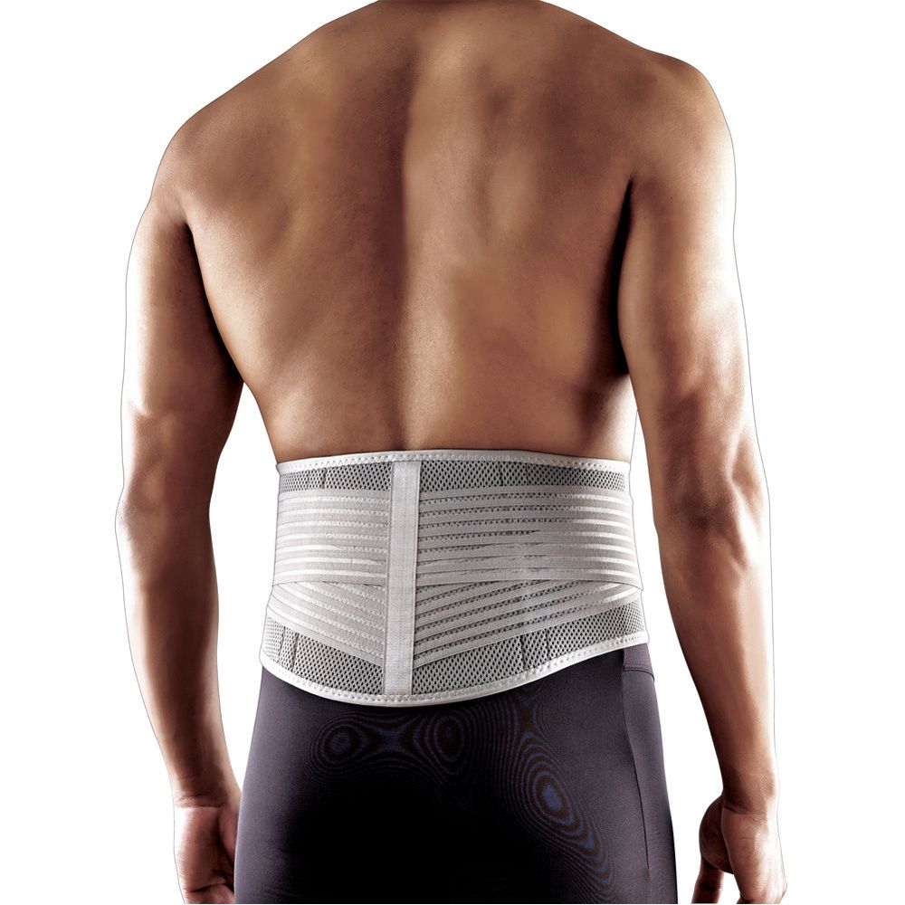 Achterkant 3M Futuro Rugbandage S/M. Grijze bandage met genummerde kenmerken.