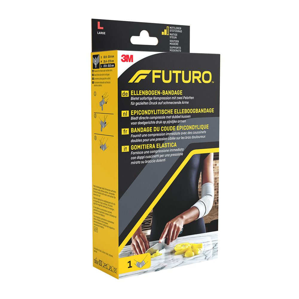 3M FUTURO elleboogbandage, maat L. Verpakking met productafbeelding en tekst in het Duits, Nederlands, Frans en Italiaans.