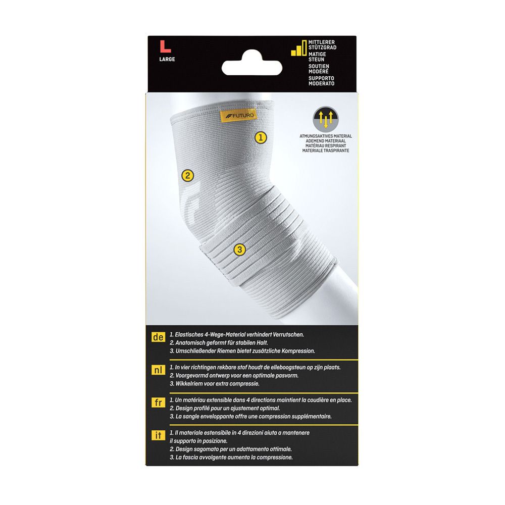 Achterkant 3M FUTURO elleboogbandage, maat L. Productkenmerken en tekst in meerdere talen.