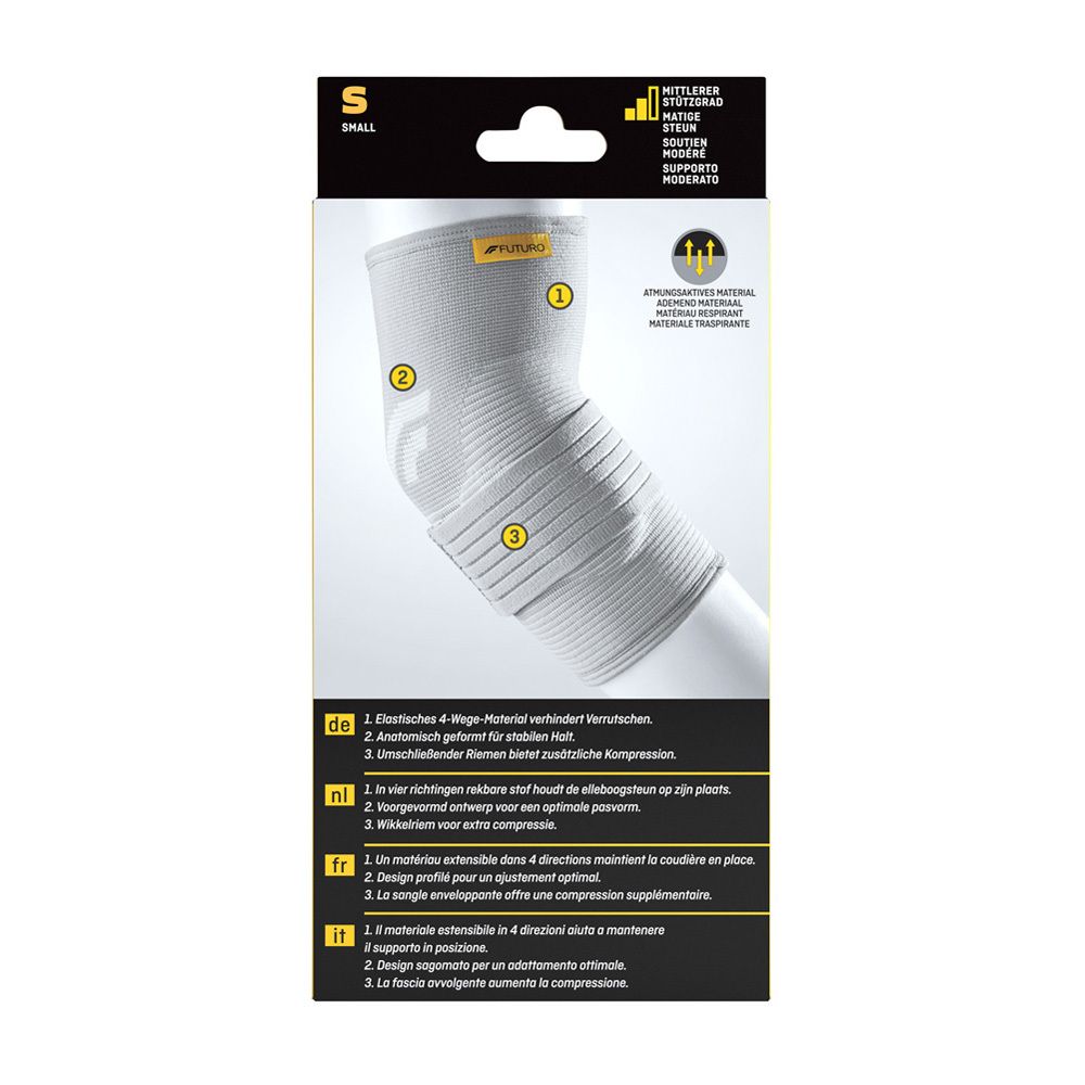 Achterkant van de FUTURO elleboogbandage. Anatomisch gevormd, 4-weg materiaal. Maat- en productkenmerken.