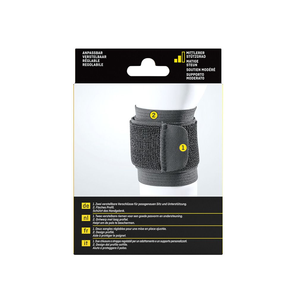 Attelle de poignet noire. Fermeture velcro. Deux fermetures réglables. Profil plat.