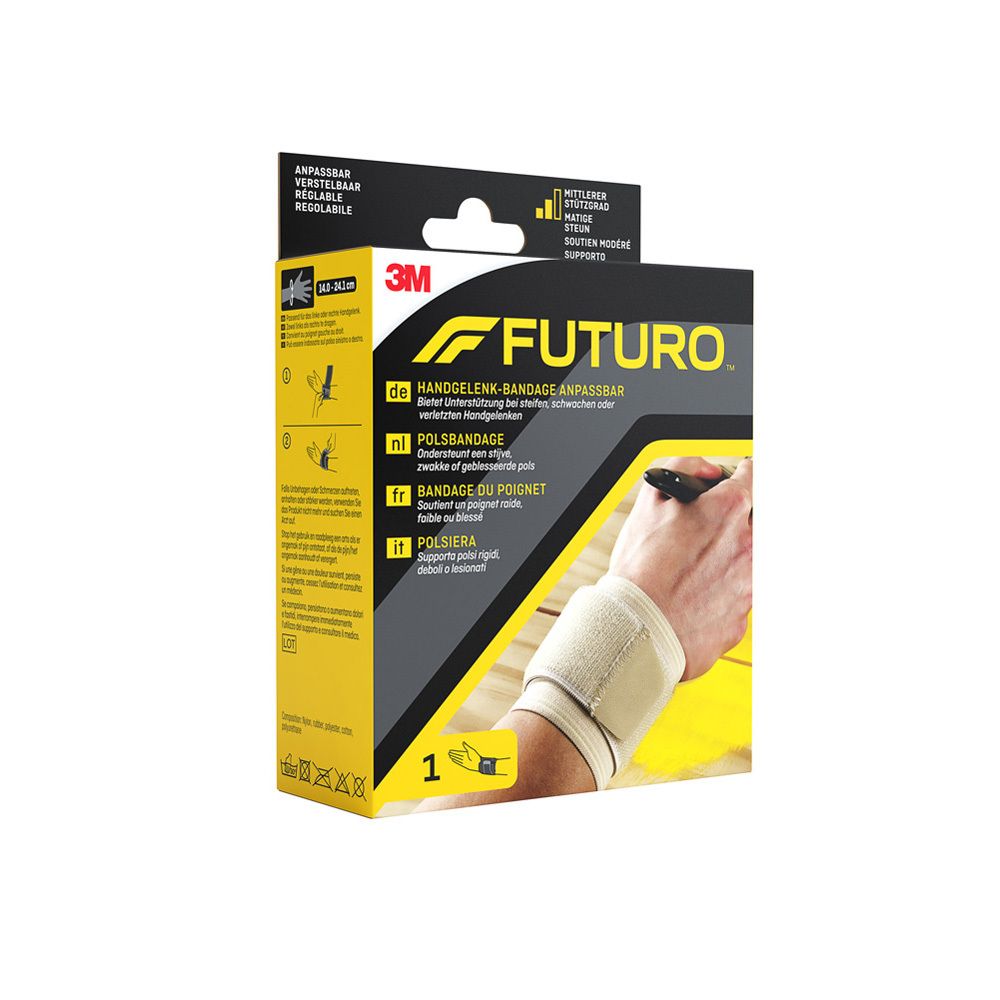 3M™ Futuro™ Bandage de poignet beige, réglable. Emballage avec produit et main portant la bandage.
