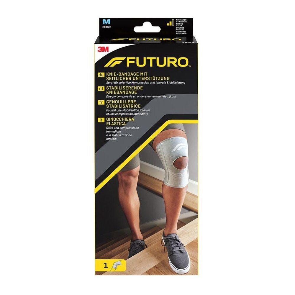 3M™ Futuro™ Sport Genouillère Stabilisateur, détail. Genouillère grise, avec ouverture pour la rotule.