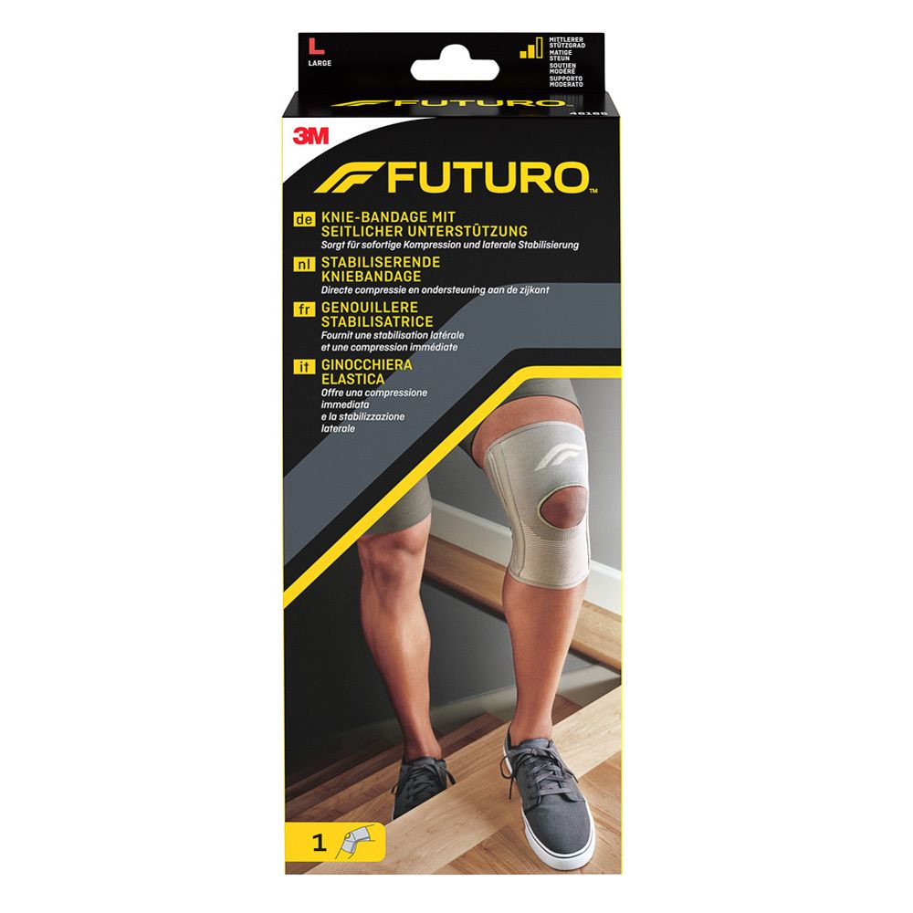 3M™ Futuro™ Sport kniebeschermer, maat L, in verpakking. Kniebandage met zijdelingse ondersteuning.