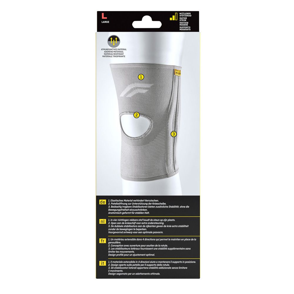 Achterkant van de verpakking van de 3M™ Futuro™ Sport kniebeschermer, maat L. Productkenmerken in verschillende talen.