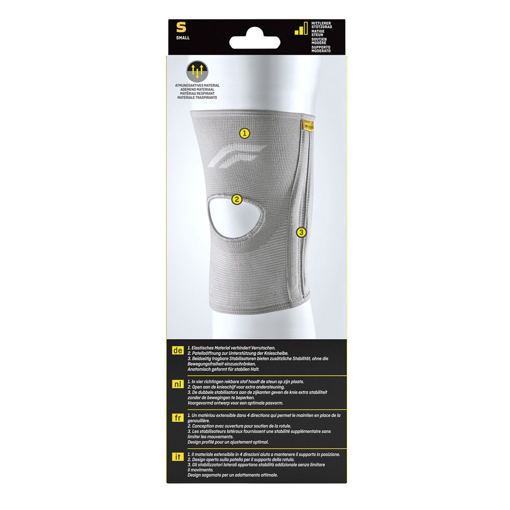 FUTURO kniebrace maat S, achterkant. Kniebandage met zijdelingse ondersteuning. Productkenmerken.