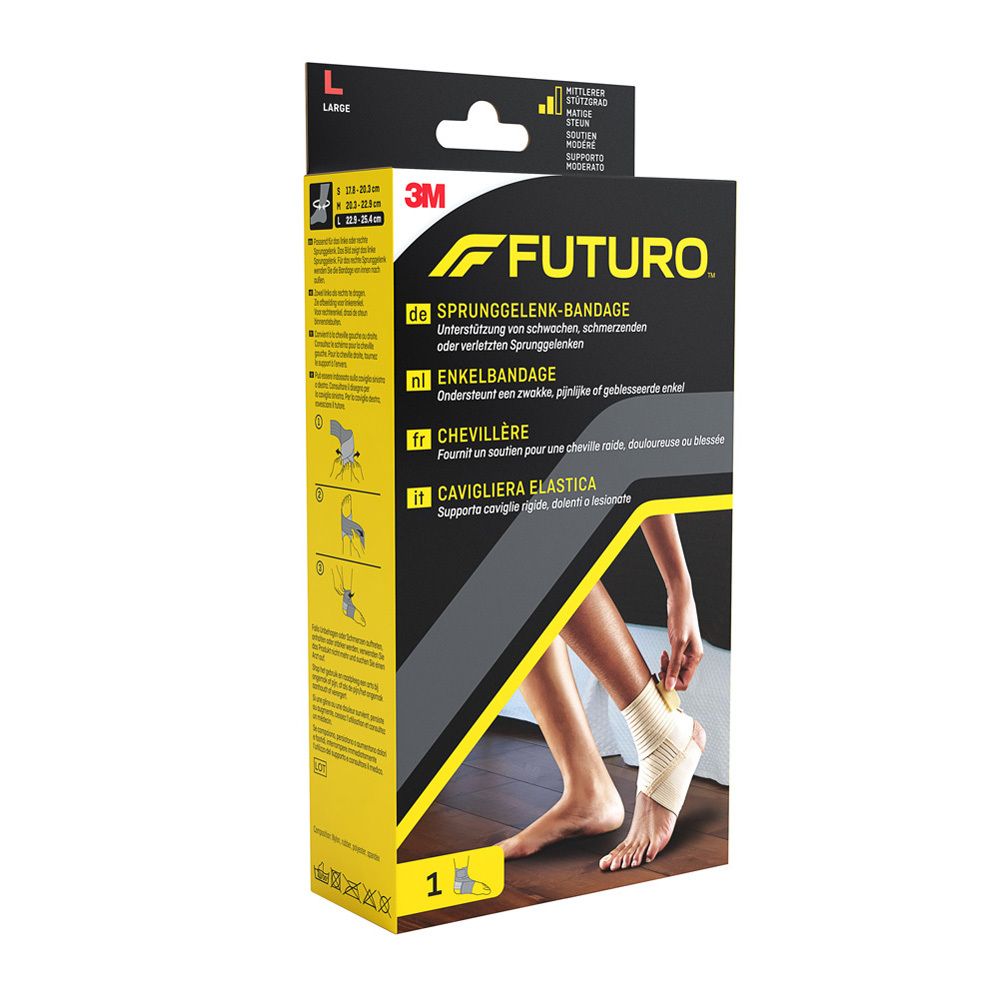 3M FUTURO enkelbandage, maat L, in verpakking. Beige bandage op voet. Teksten in Duits, Nederlands, Frans, Italiaans.