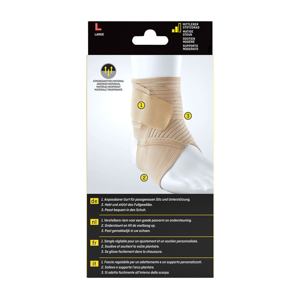 Dos de la chevillère 3M FUTURO taille L. Bandage beige sur pied. Textes en allemand, néerlandais, français et italien.
