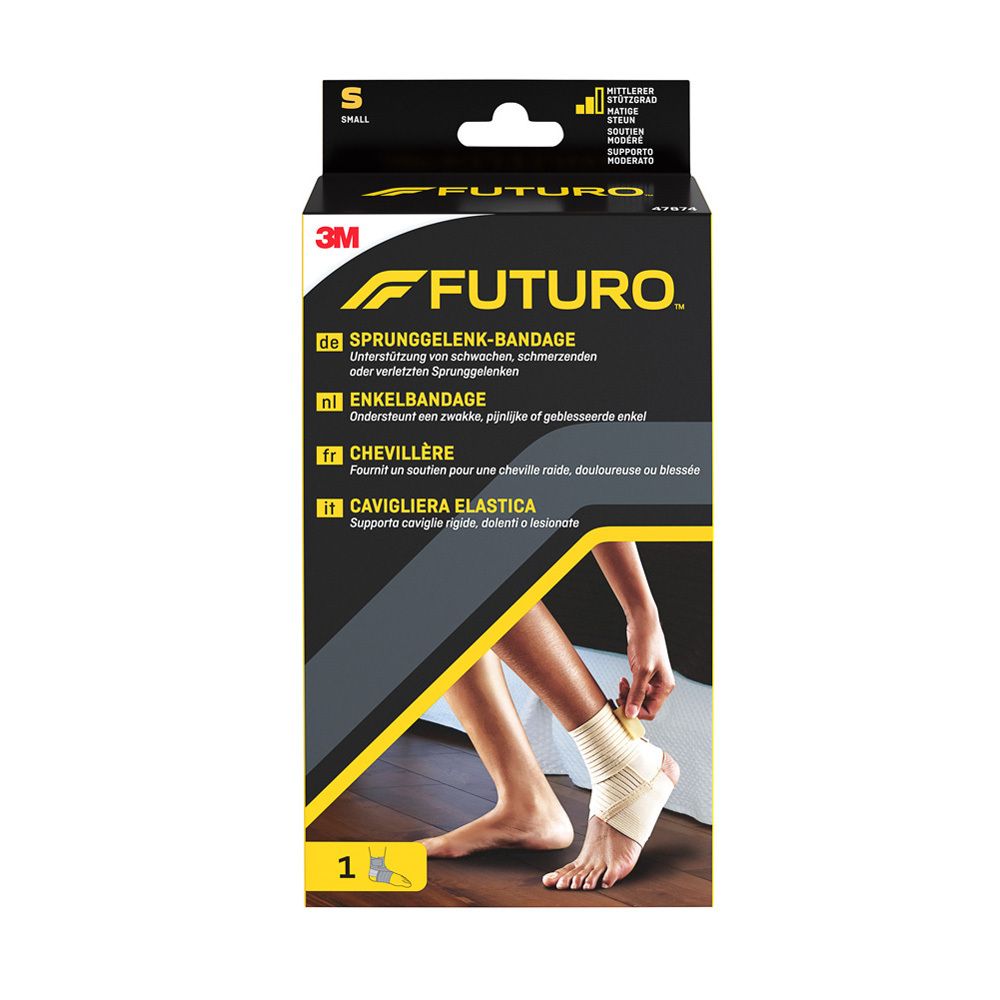 Futuro Enkelbandage, maat S. Beige bandage op voet, in verpakking. 3M en Futuro logo's.