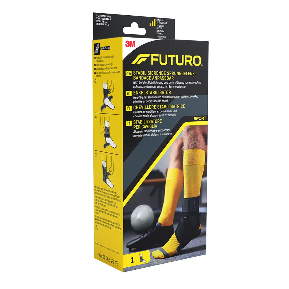 3M™ Futuro™ Sport enkelbrace in verpakking. Zwart en geel. Productillustratie en instructies.