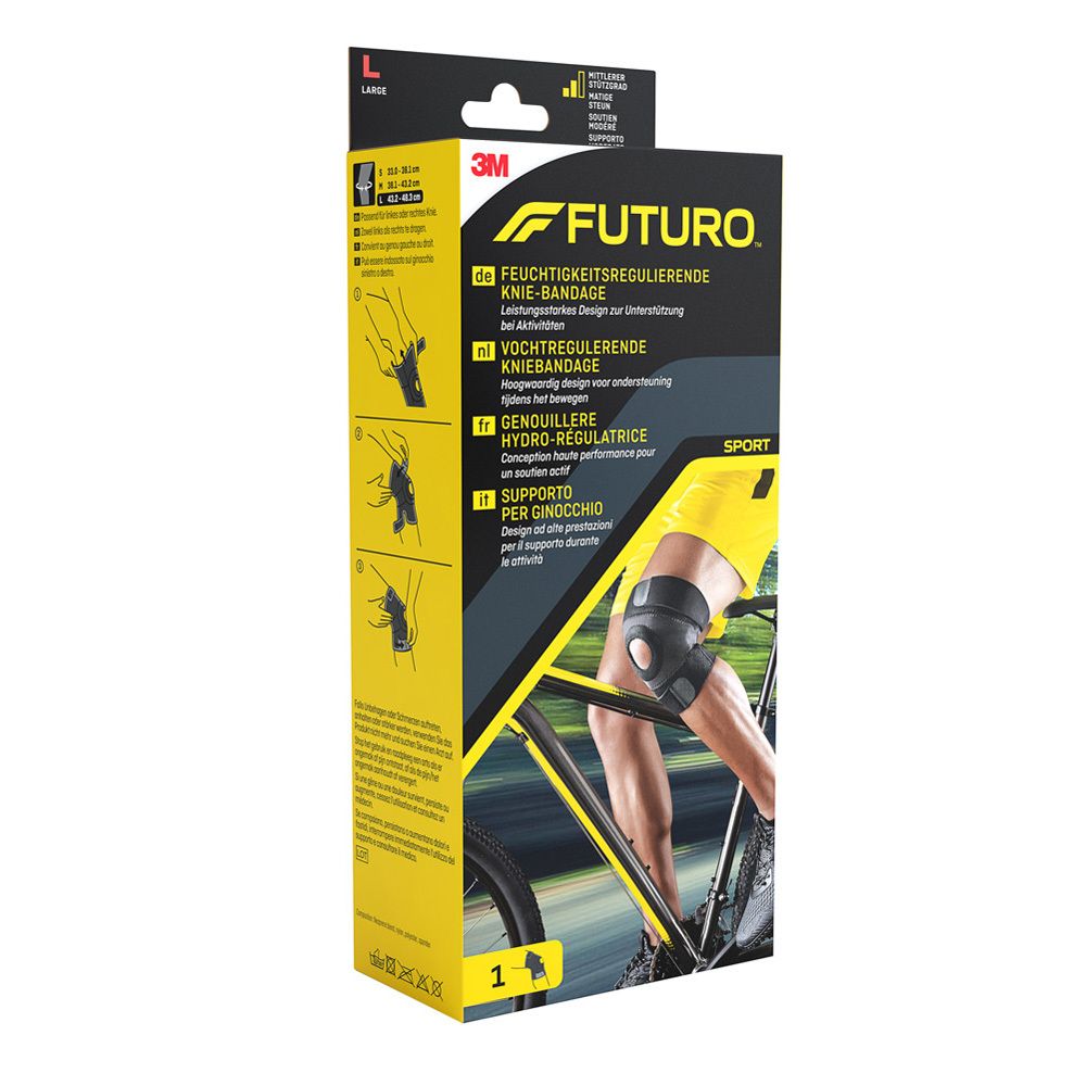 Futuro™ Sport kniebandage, L. Verpakking met product en been op fiets. Teksten in het Duits, Frans, Italiaans, Nederlands.