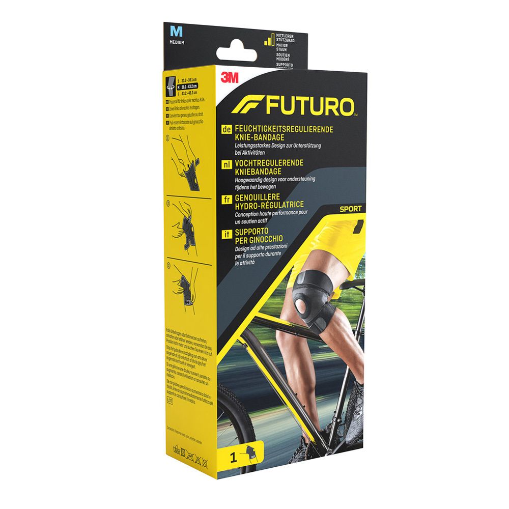 Futuro™ Sport kniebandage, Medium. Verpakking toont kniebandage op been, tijdens fietsen. Geel-zwart design.