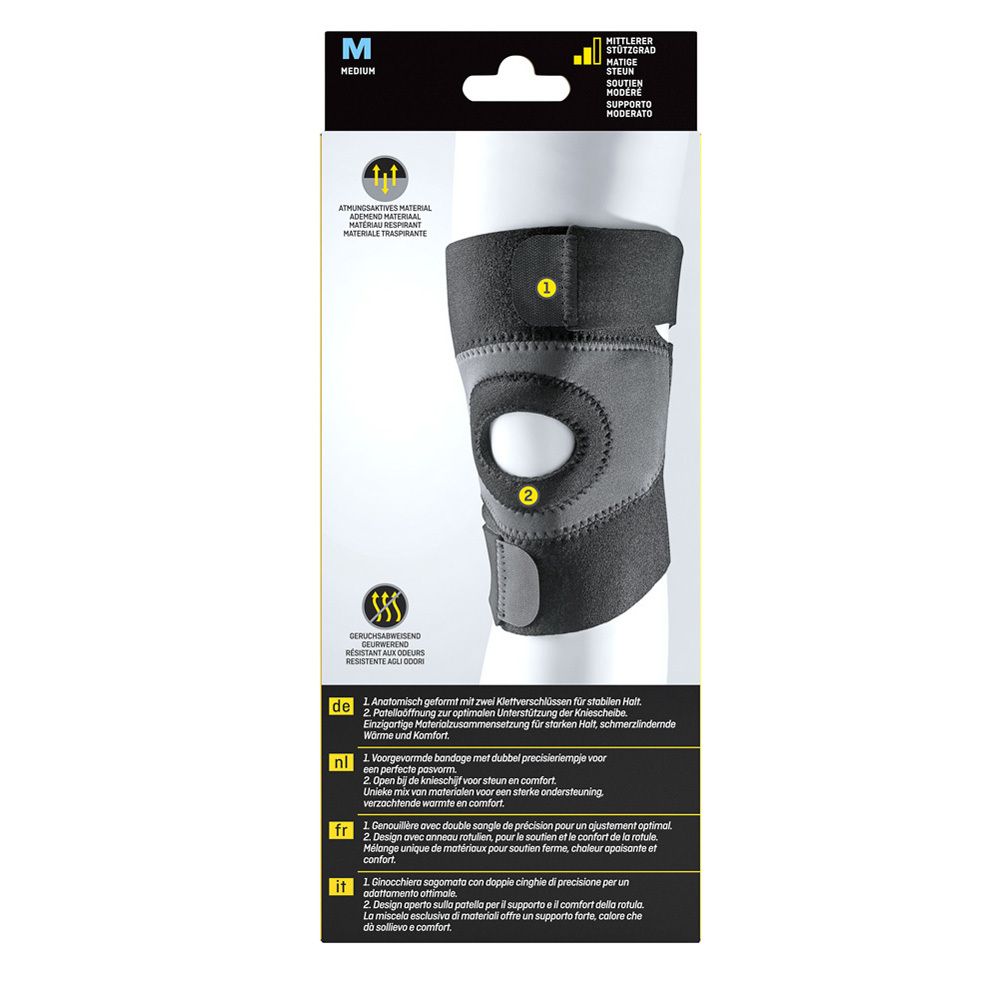 Genouillère Futuro™ Sport, taille M. Emballage montrant la genouillère sur une jambe, à vélo. Design jaune et noir.