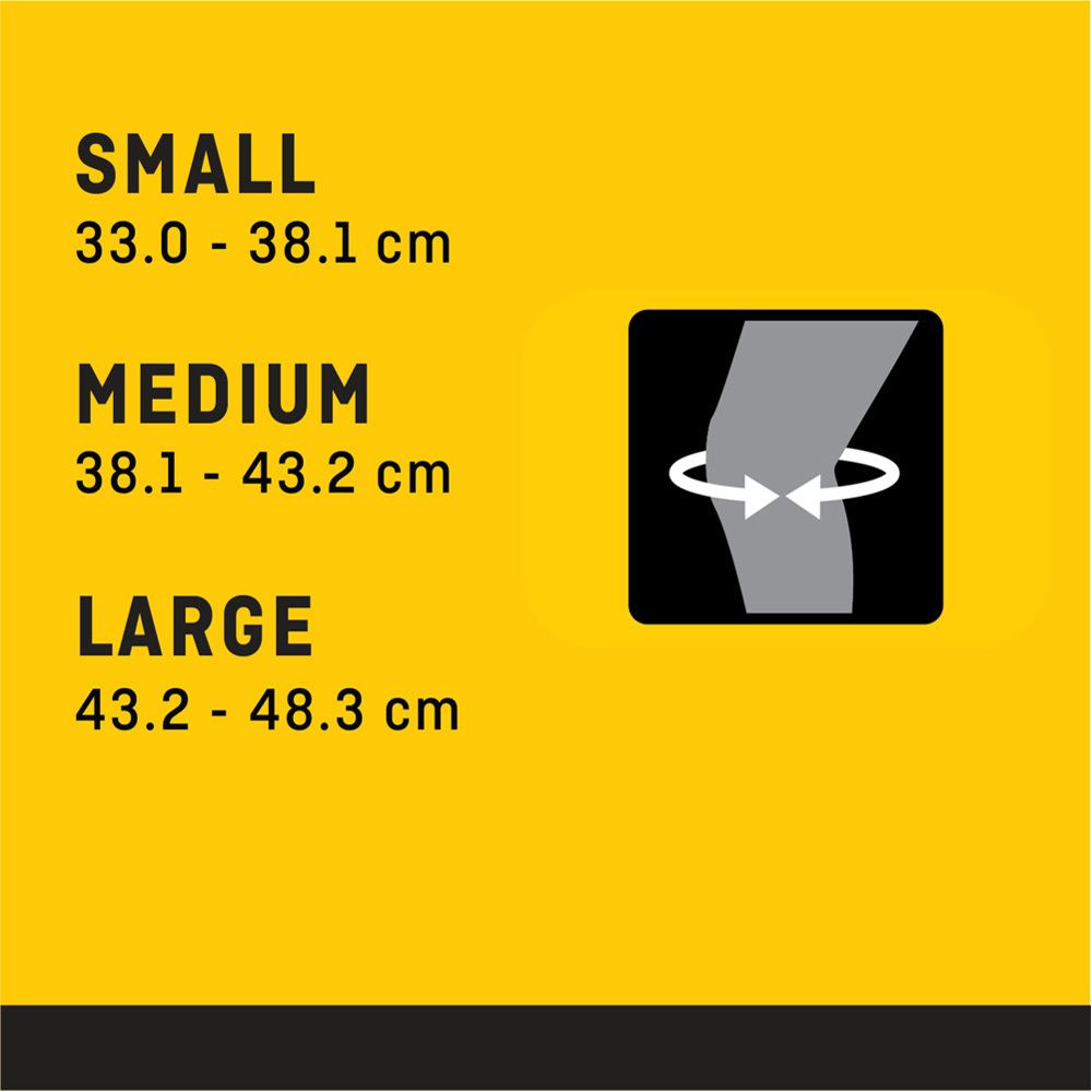 Futuro™ Sport kniebandage, Medium. Kniebandage op witte achtergrond. Grijs-zwart design. Anatomisch gevormd.