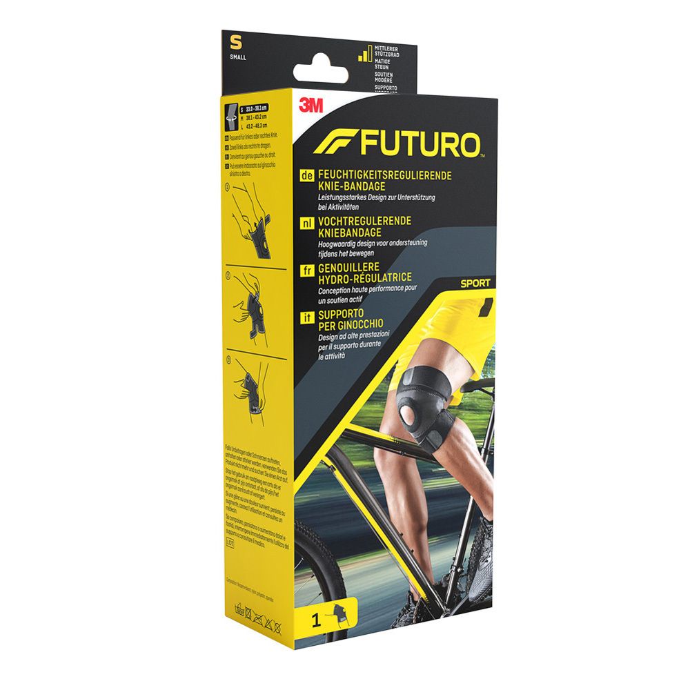 FUTURO® Sport kniebandage. Zwarte en gele verpakking. Product afgebeeld op been tijdens het fietsen.