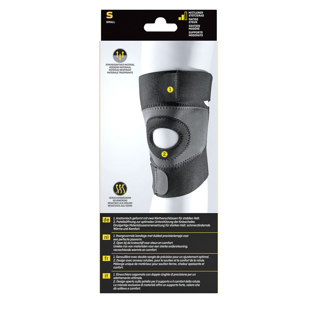 FUTURO® Sport kniebandage. Product: grijze en zwarte kniebandage. Detailweergave, op witte achtergrond.