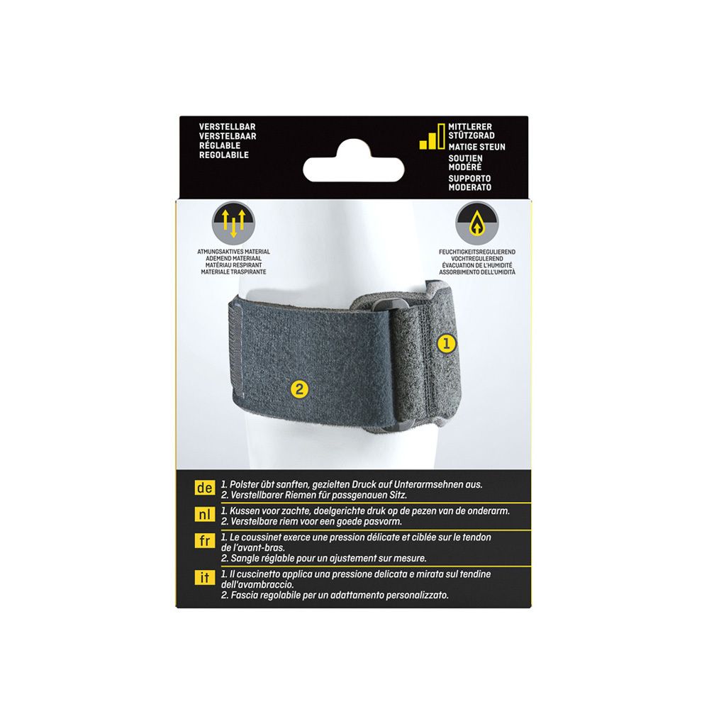 Achterkant van de 3M™ Futuro™ Sport elleboogbandage verpakking. Tekst in het Duits, Nederlands, Frans en Italiaans.
