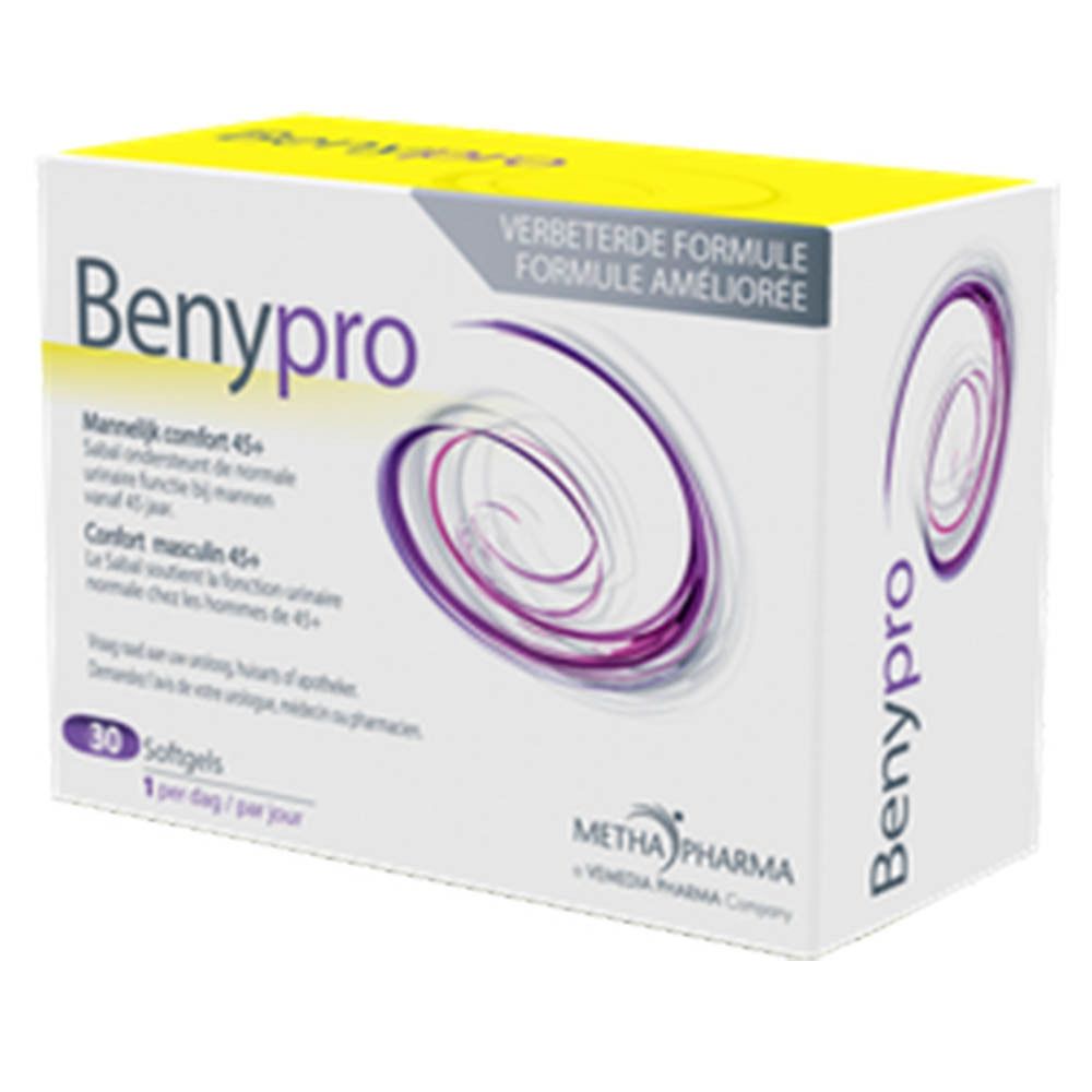 Boîte Benypro. Confort masculin 45+. 30 gélules. Logo Metha Pharma.