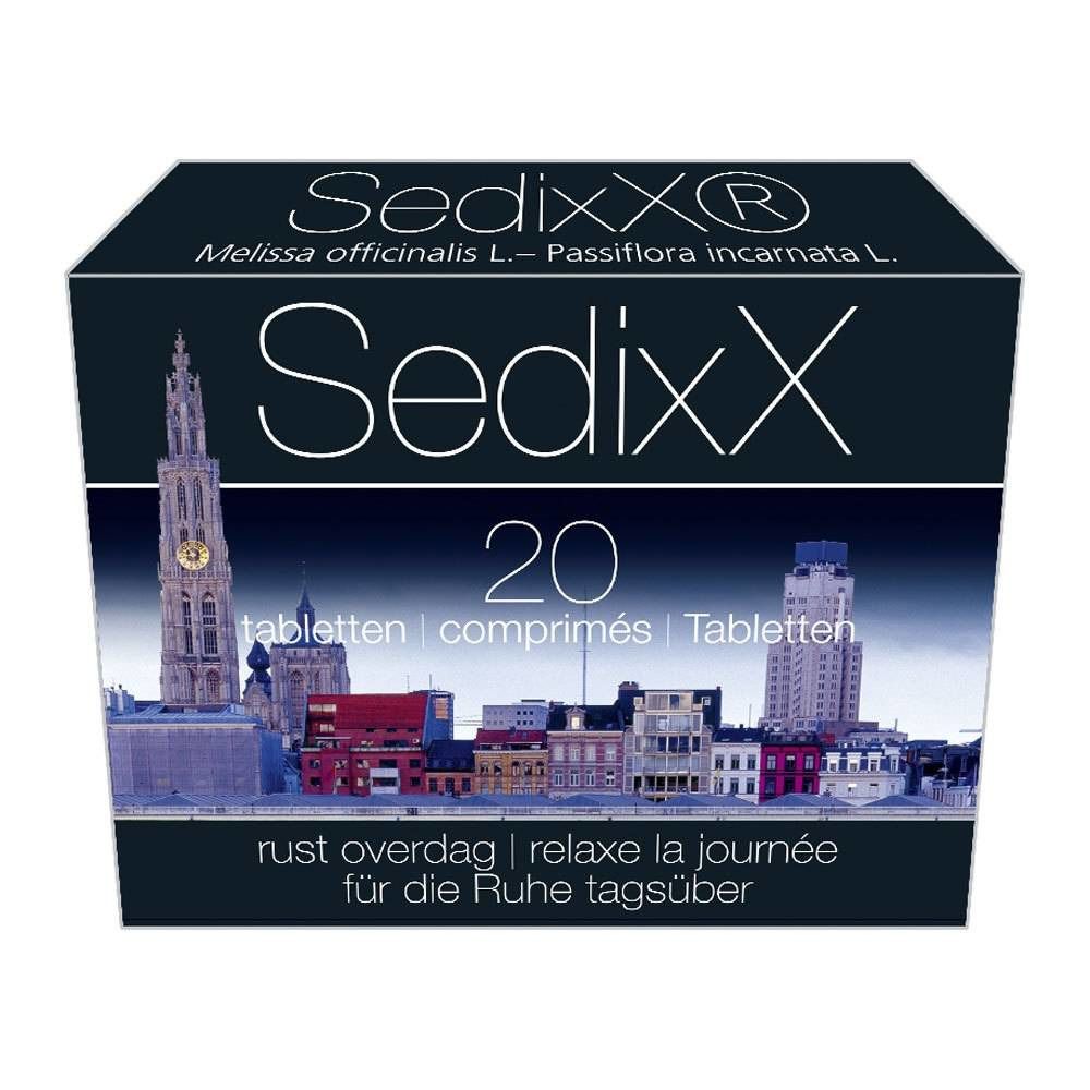 Doosje SedixX tabletten. Zwarte achtergrond met stadsgezicht. Bevat 20 tabletten. Tekst in het Duits, Frans en Nederlands.