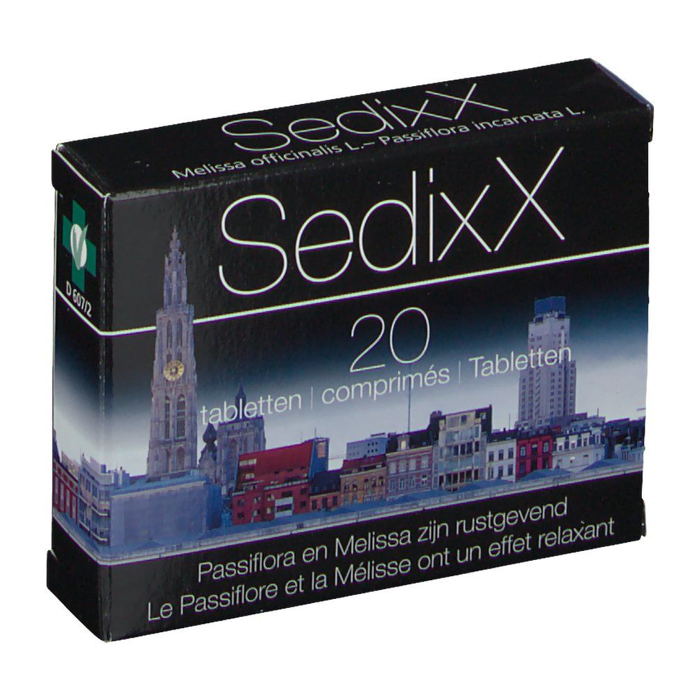Zwarte doos SedixX tabletten. Stadsgezicht op de voorkant. Bevat 20 tabletten. Groen-wit logo.