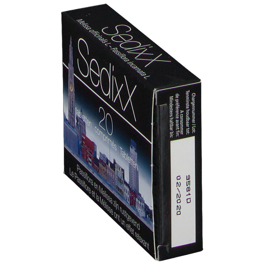 Zwarte doos SedixX, 20 tabletten. Stadsgezicht. Datum 02-2020. Tekst in het Duits, Frans en Nederlands.