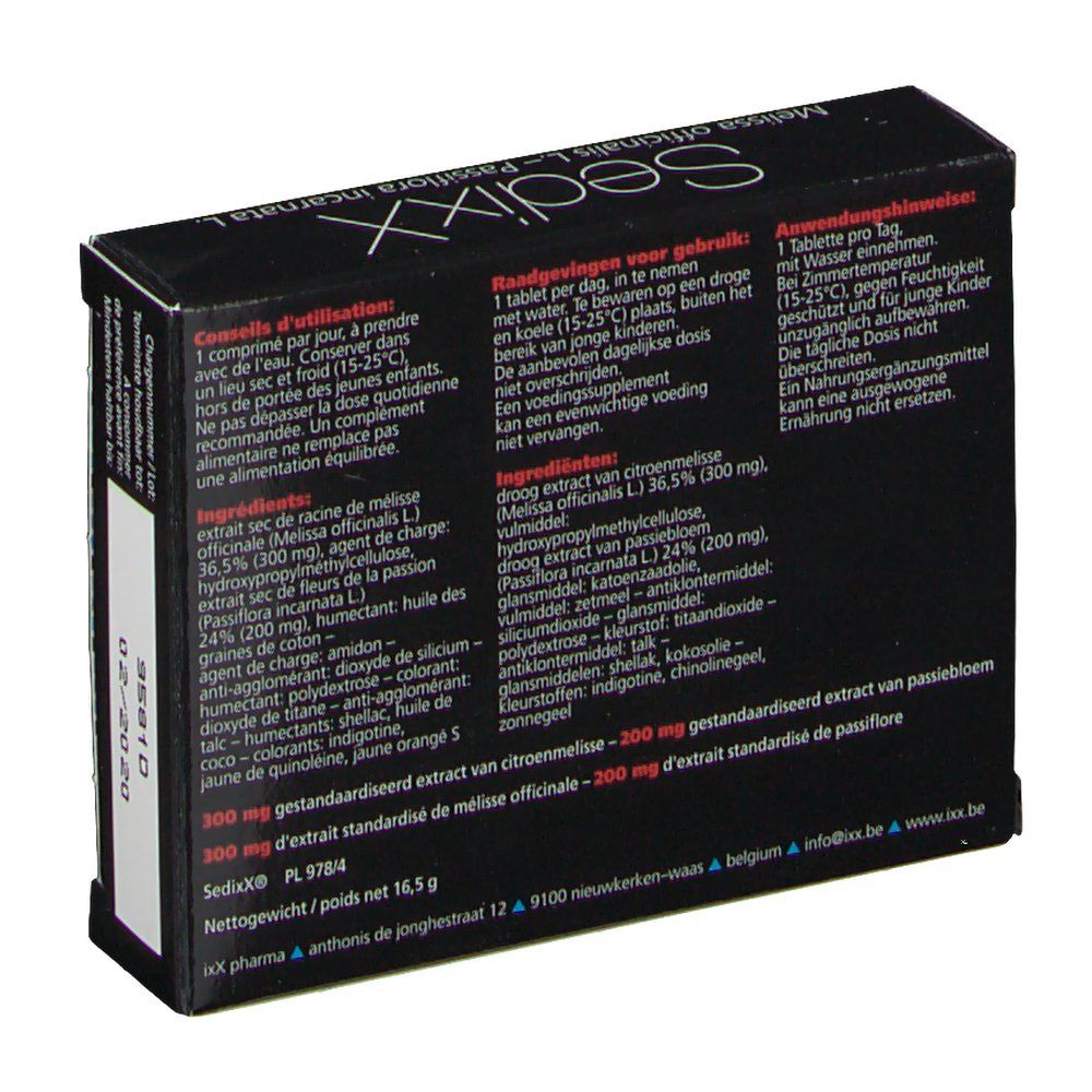 Achterkant van de SedixX doos. Bevat informatie over ingrediënten en gebruik. Tekst in meerdere talen.