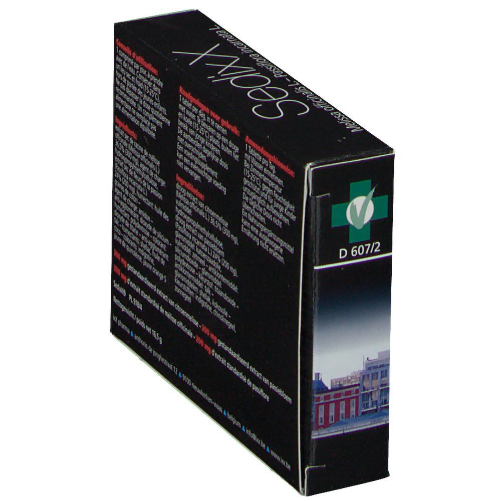 Zijkant van de SedixX doos met informatie. Groen-wit logo. Tekst in meerdere talen.