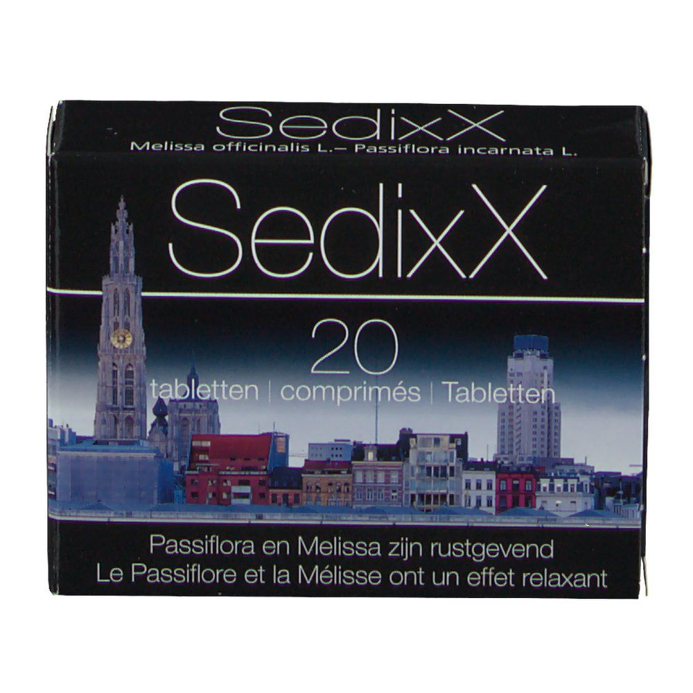 Doosje SedixX tabletten. Zwarte achtergrond met stadsgezicht. Bevat 20 tabletten. Tekst in het Duits, Frans en Nederlands.