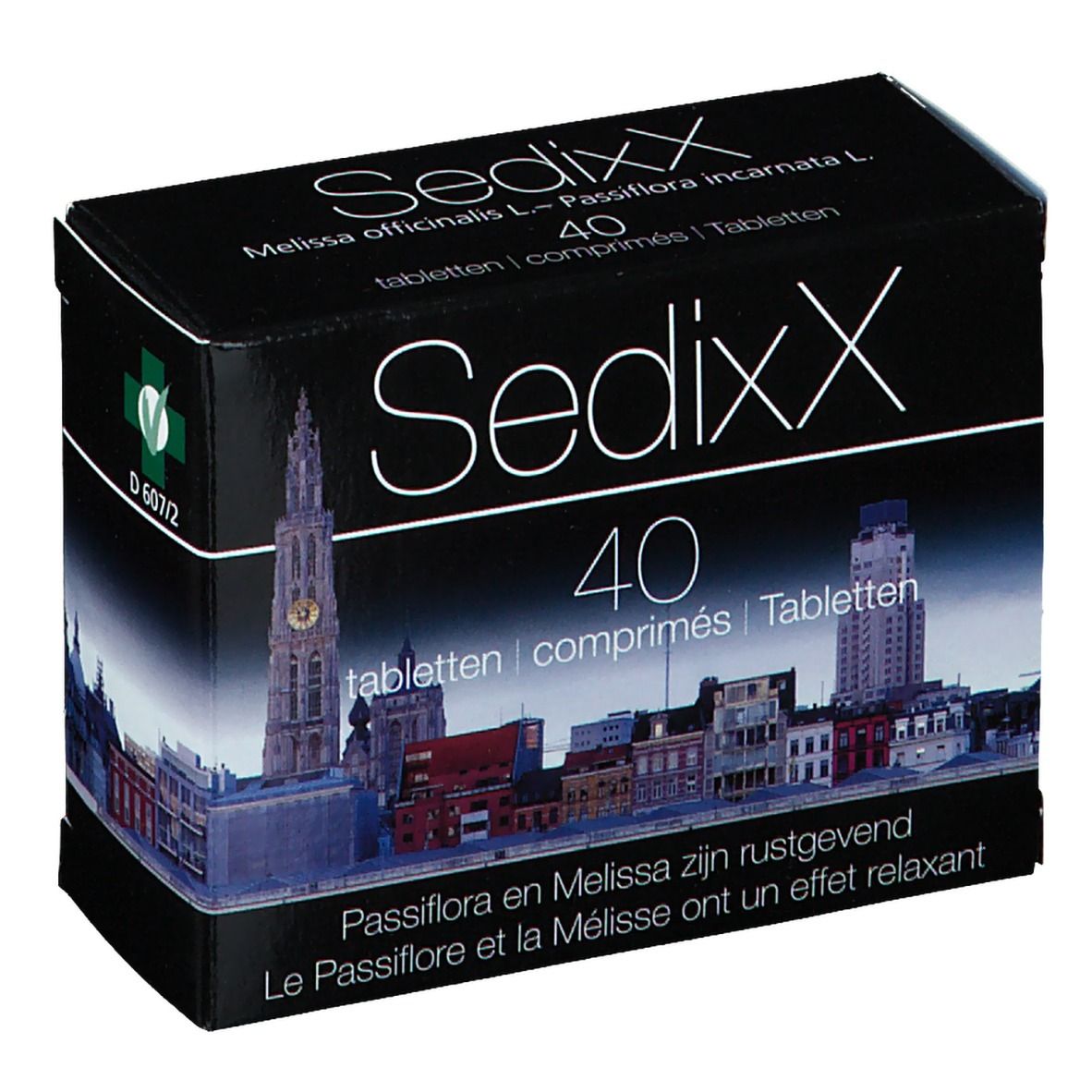 Zwarte doos met Sedixx-logo en 40 tabletten. Stadsbeeld op de voorkant. Tekst in het Duits, Frans en Nederlands.