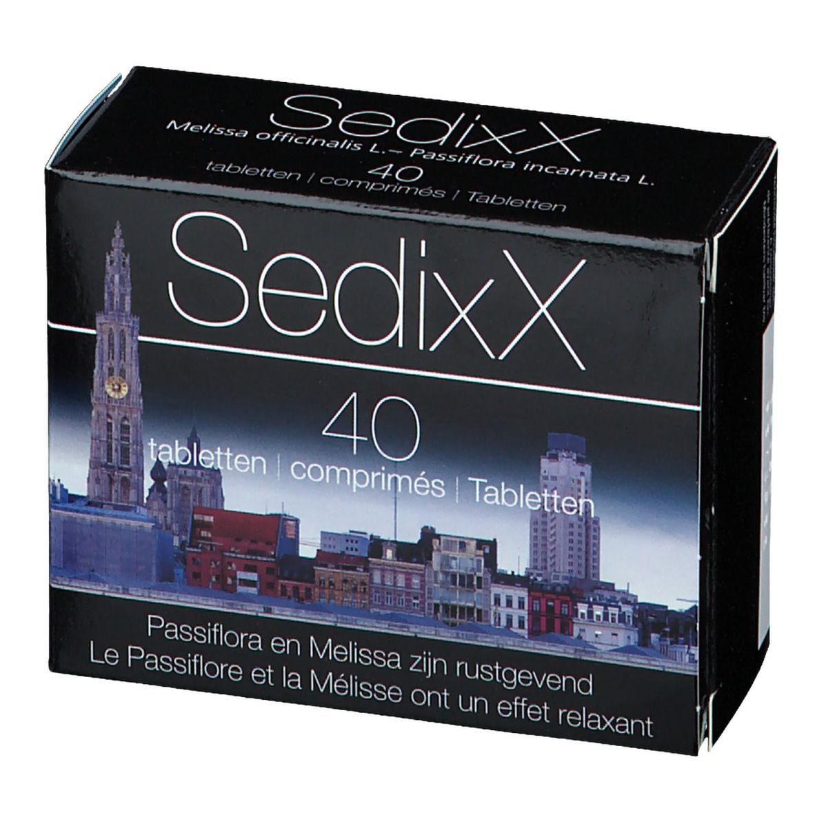 Zwarte doos met Sedixx-logo en 40 tabletten. Stadsbeeld op de voorkant. Tekst in het Duits, Frans en Nederlands.
