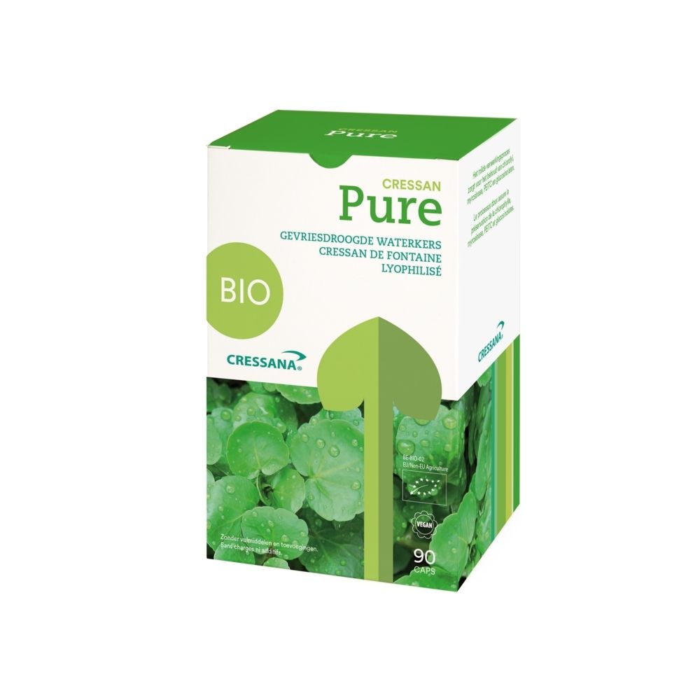 CressanPure capsulepot met groene bladprint en Bio-keurmerk.