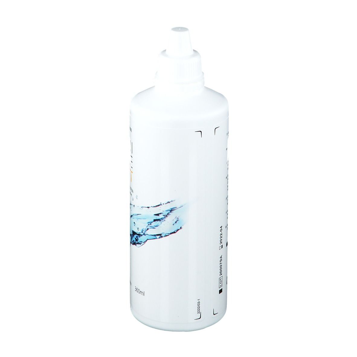 Witte fles Menicon Meni Care Soft. Opschrift: Multi-Purpose Solution. Waterdesign. Achterkant met tekst en codes.