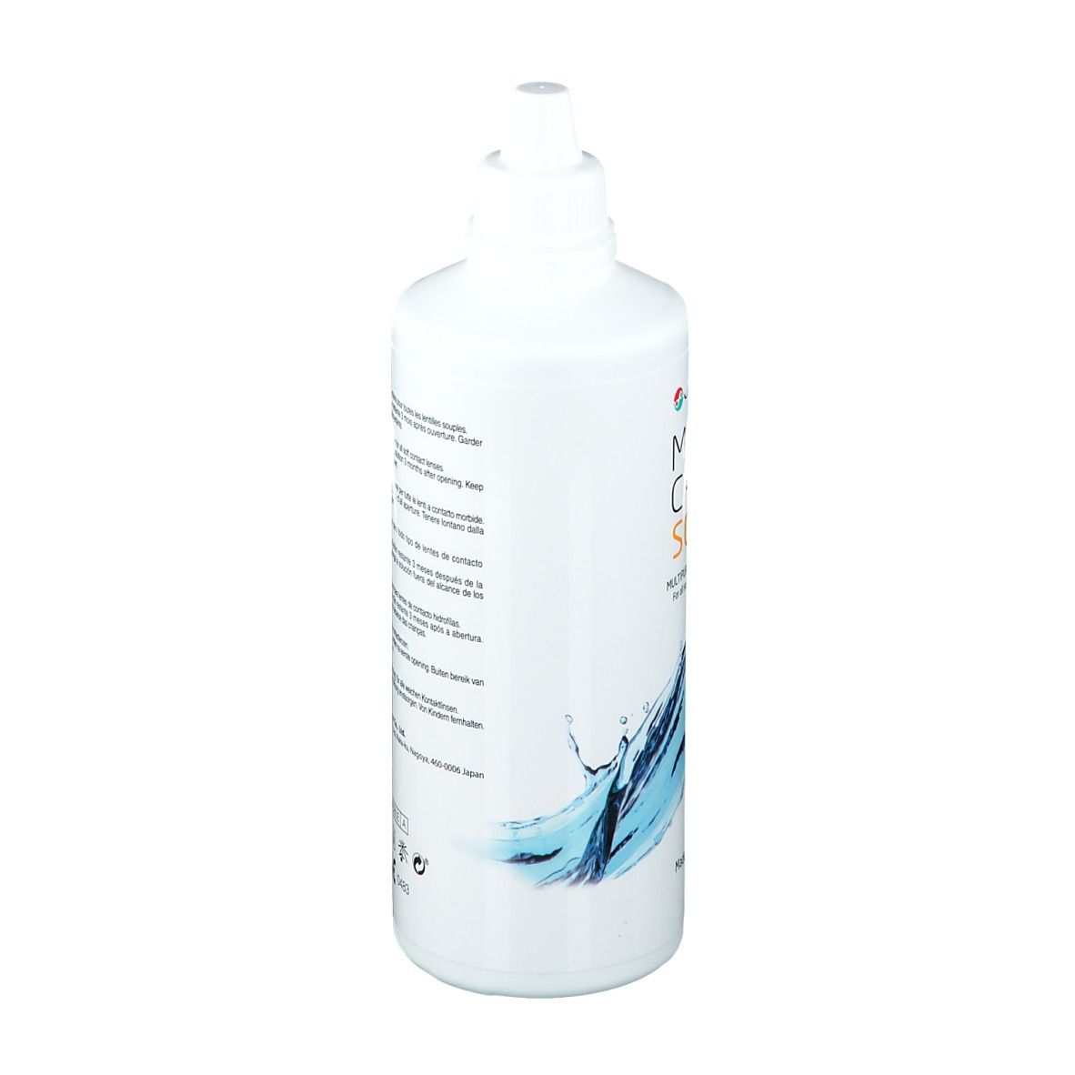 Witte fles Menicon Meni Care Soft. Opschrift: Multi-Purpose Solution. Waterdesign. Meertalige tekst.
