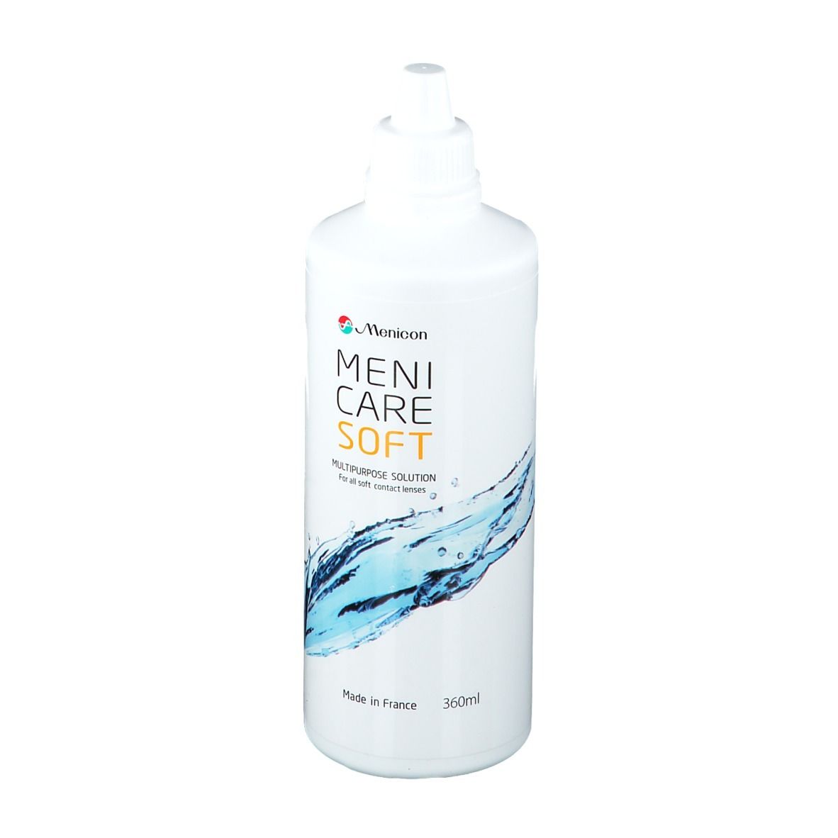 Witte fles Menicon Meni Care Soft. Opschrift: Multi-Purpose Solution. Waterdesign. 360ml.