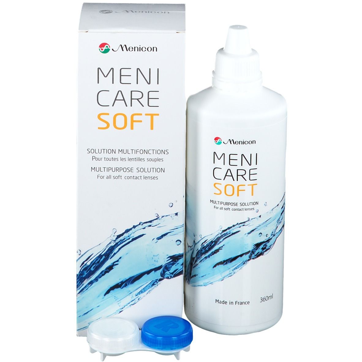 Menicon Meni Care Soft fles, doos en houder. Doos met tekst. Houder voor contactlenzen.