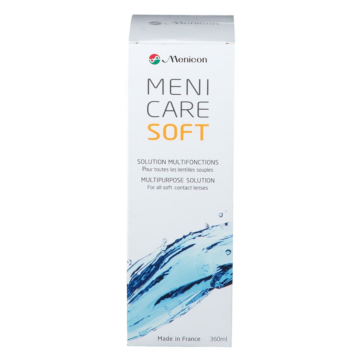 Hoge doos Menicon Meni Care Soft. Opschrift: Multi-Purpose Solution. Waterdesign. 360ml.