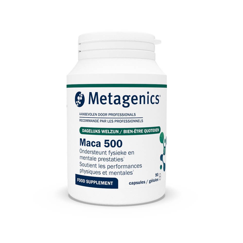 Bruine fles met witte dop. Opschrift: Maca 500. 90 capsules. Merk: Metagenics.