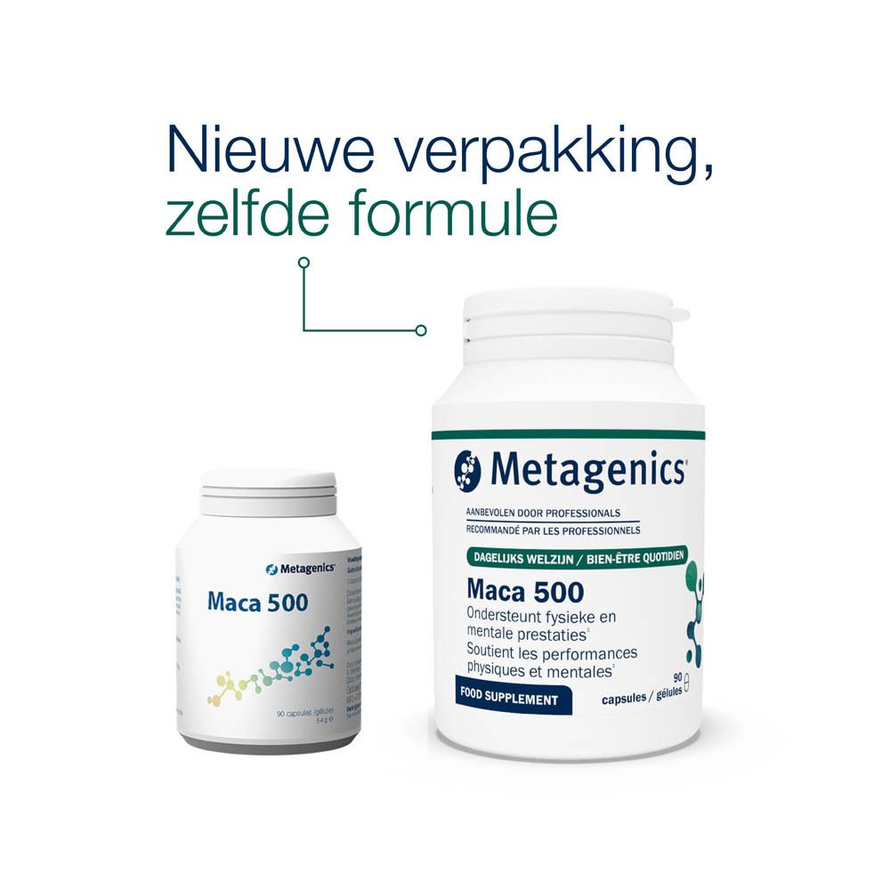 Witte fles met witte dop. Opschrift: Maca 500. 90 capsules. Merk: Metagenics.