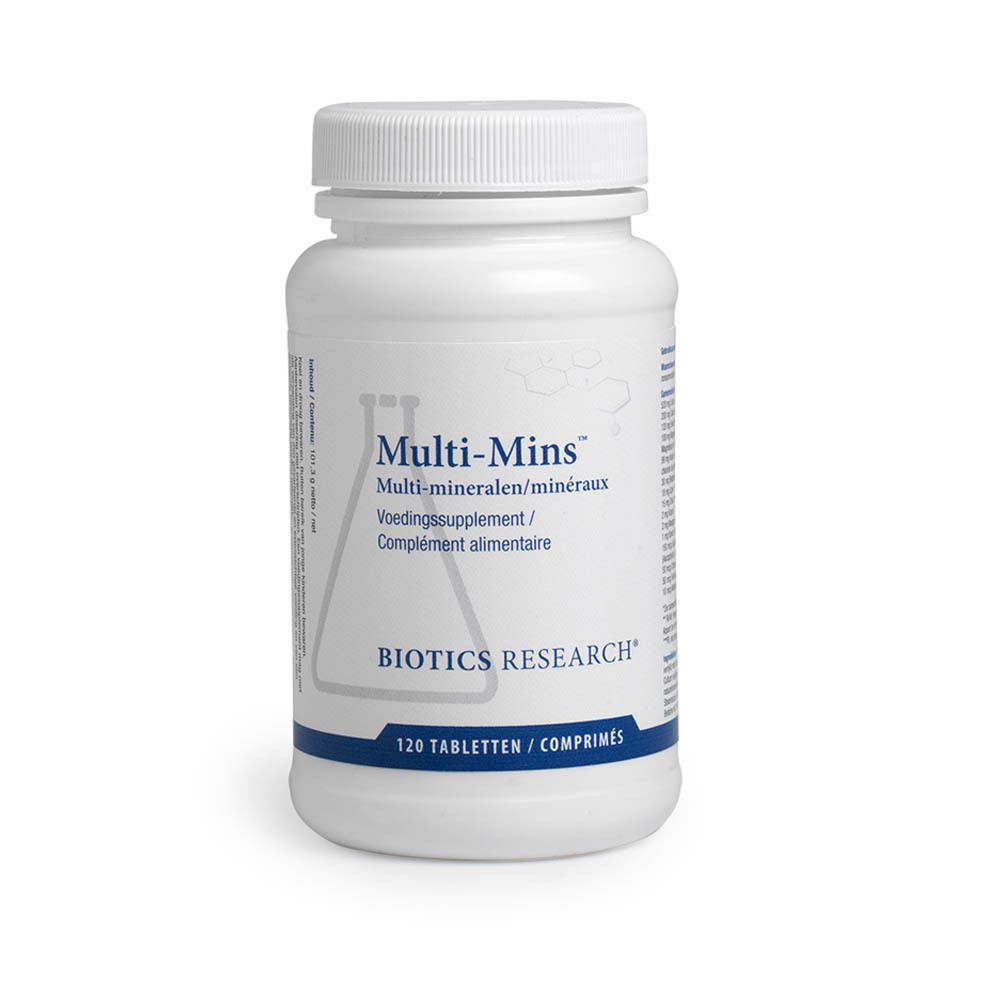 Flacon blanc Multi-Mins BIOTICS RESEARCH. Inscription: Multi-minéraux, 120 comprimés. Sur fond blanc.