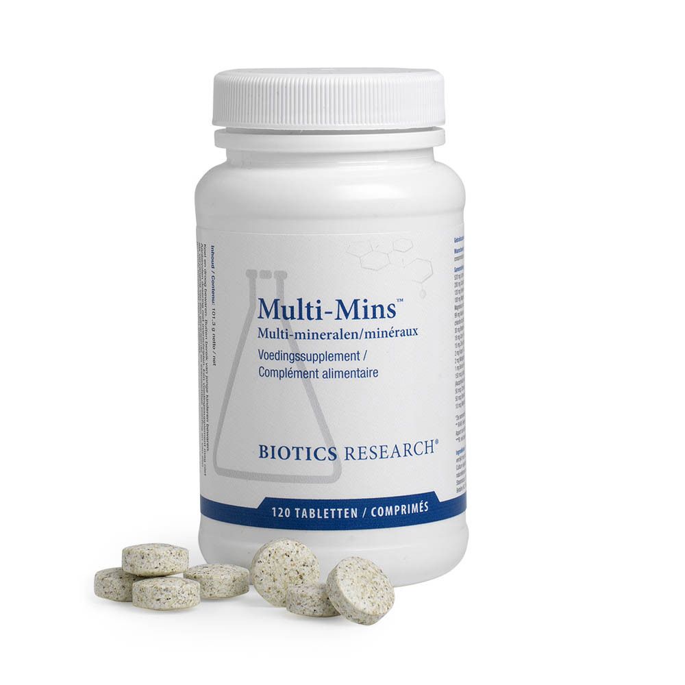 Witte fles Multi-Mins BIOTICS RESEARCH en tabletten ernaast. 120 tabletten. Op witte achtergrond.